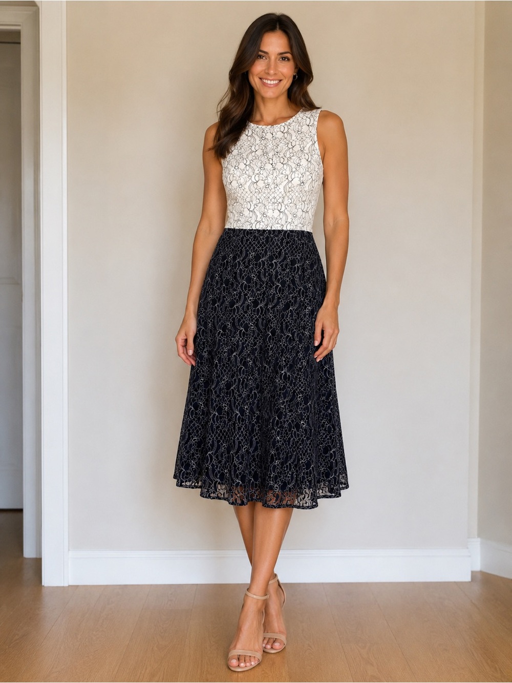 Ralph Lauren Sleeveless Two-Tone Lace Midi Dress in Navy and Black